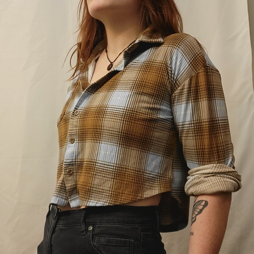 Rue21 Brown and Cream Plaid Button-Down Shirt